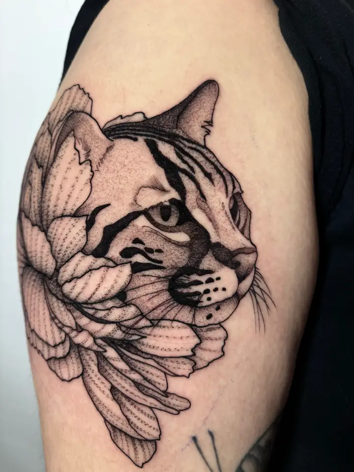 Cat & Peony — Blackwork tattoo by Nillattt, photo 1
