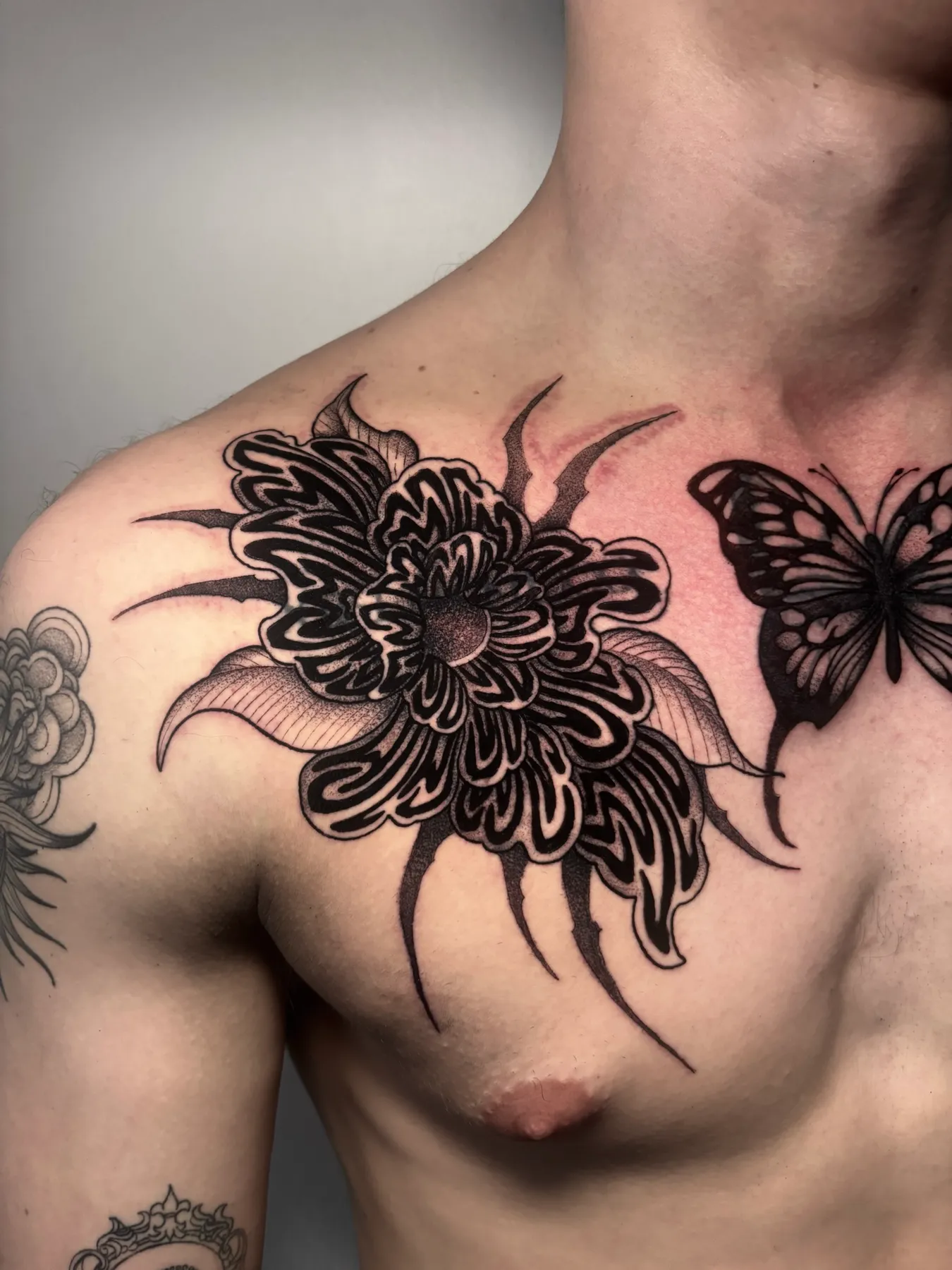 Chest Chrysanthemum — Blackwork tattoo by Nillattt, photo 2