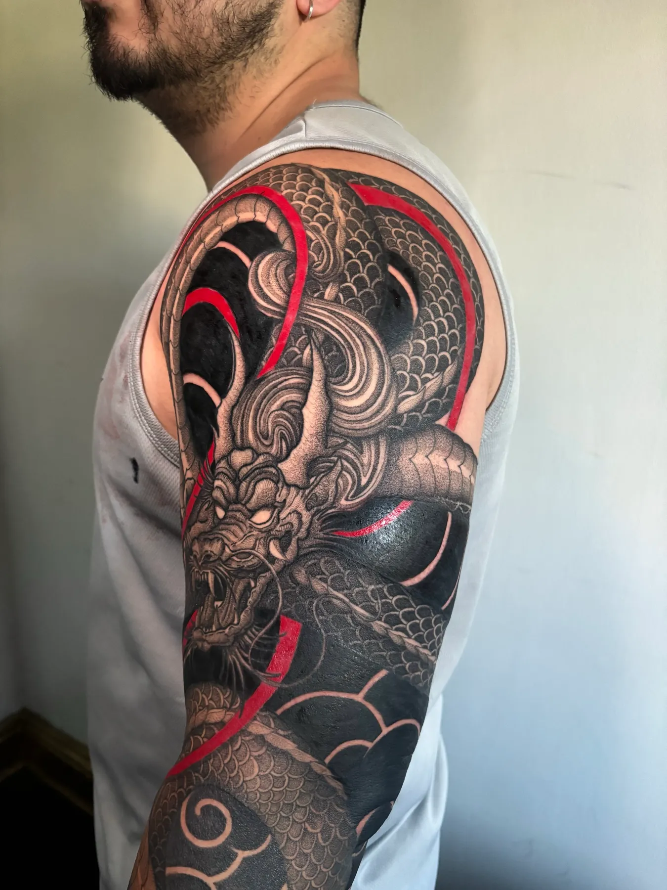 Red Dragon Sleeve — Blackwork tattoo by Nillattt, photo 1