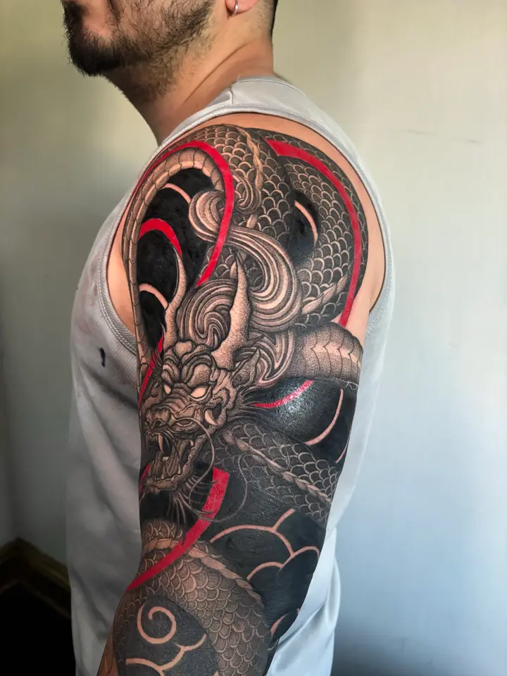Red Dragon Sleeve — Blackwork tattoo by Nillattt, photo 1