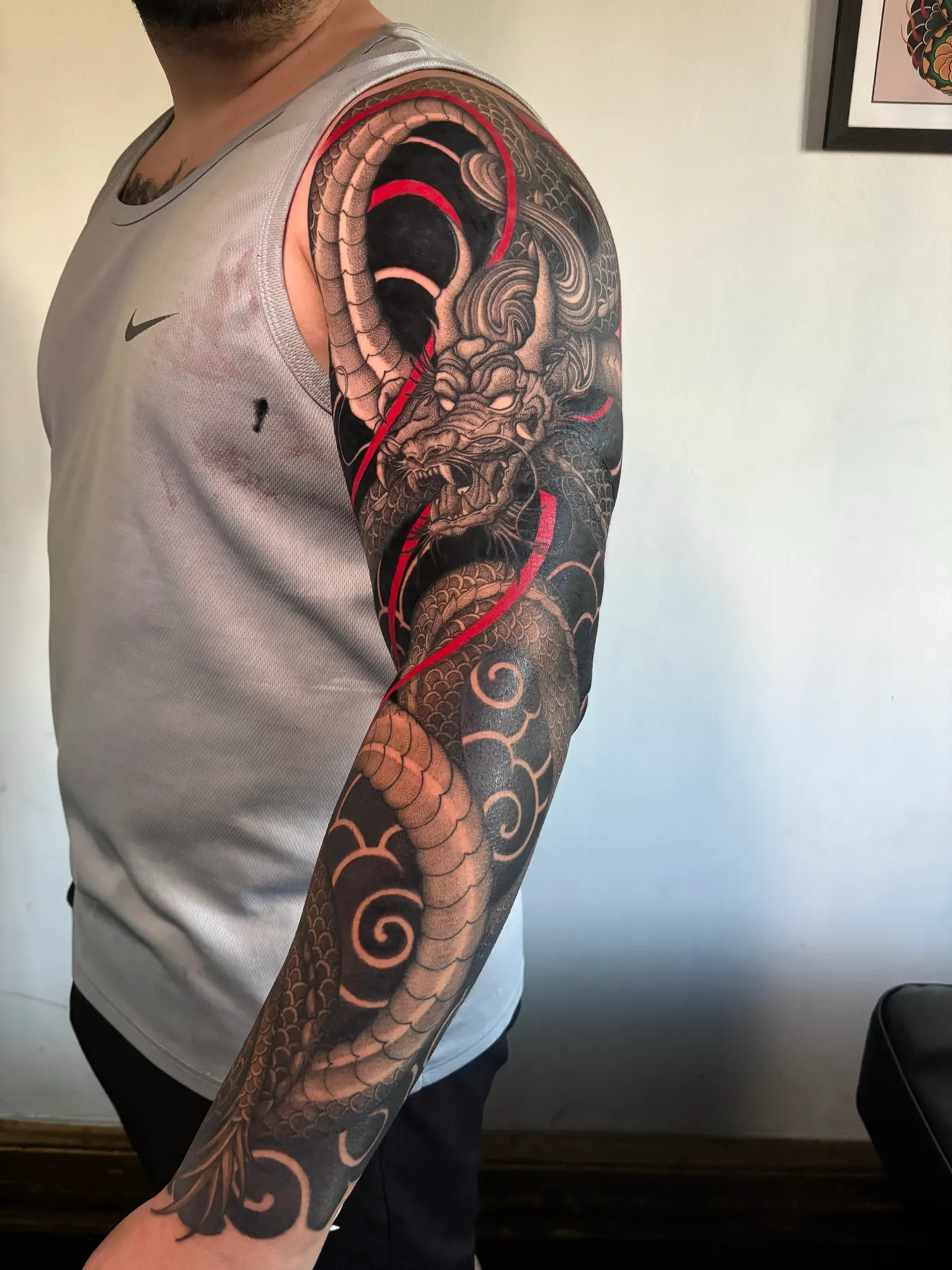 Red Dragon Sleeve — Blackwork tattoo by Nillattt, photo 2