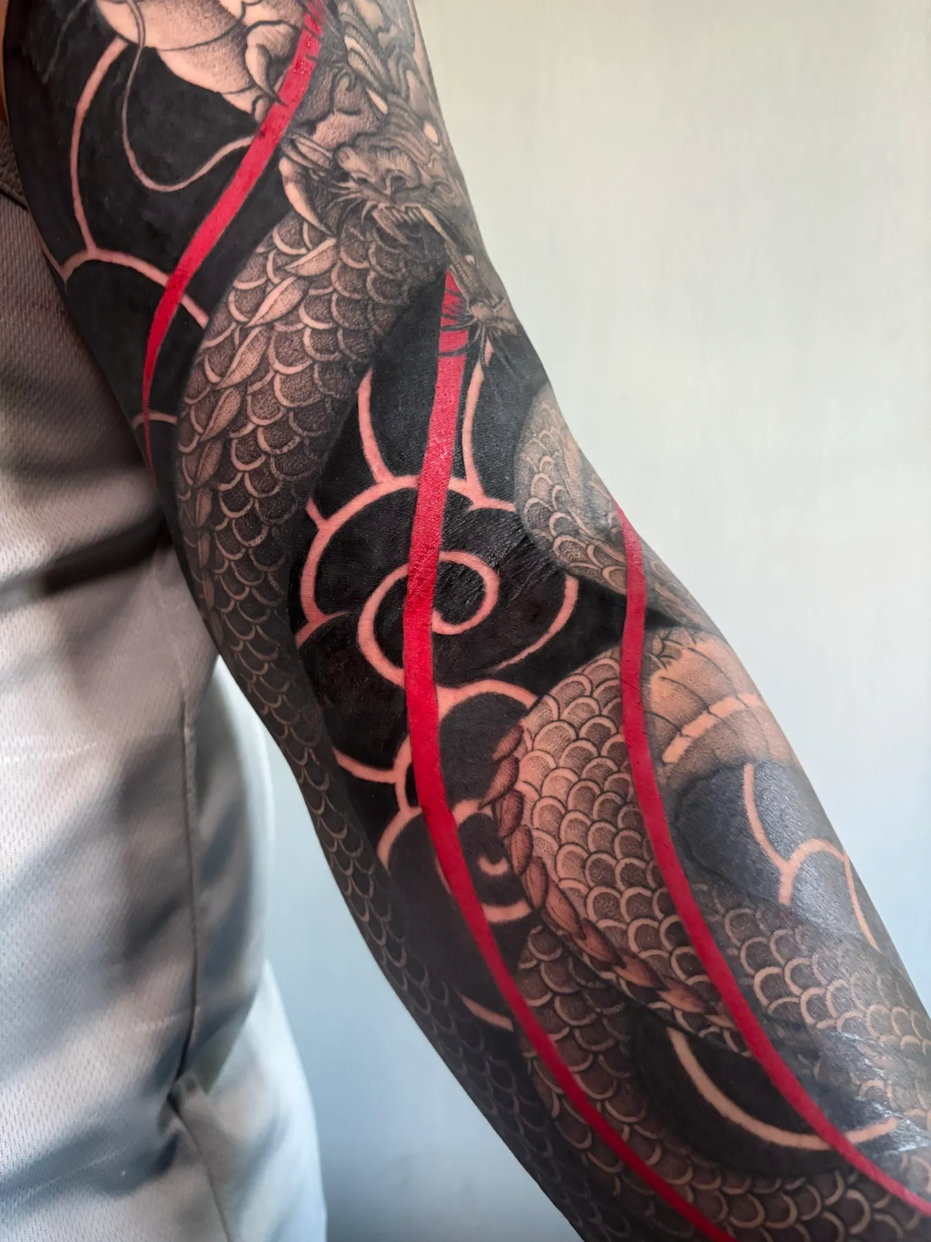 Red Dragon Sleeve — Blackwork tattoo by Nillattt, photo 3